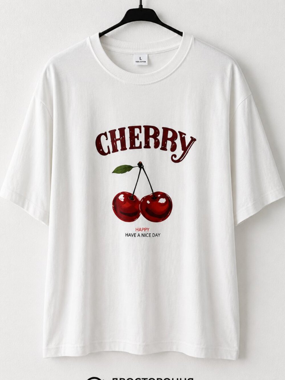 Cherry Graphic Tee White Oversized Cotton T-Shirt Size L